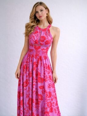 Abel The Label Pink Floral Dress Red Halter Maxi Boho Cottagecore Size Small